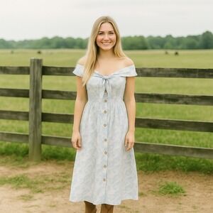 Mi Ami Floral Midi Dress Womens XS Blue White Linen Off Shoulder Cottagecore